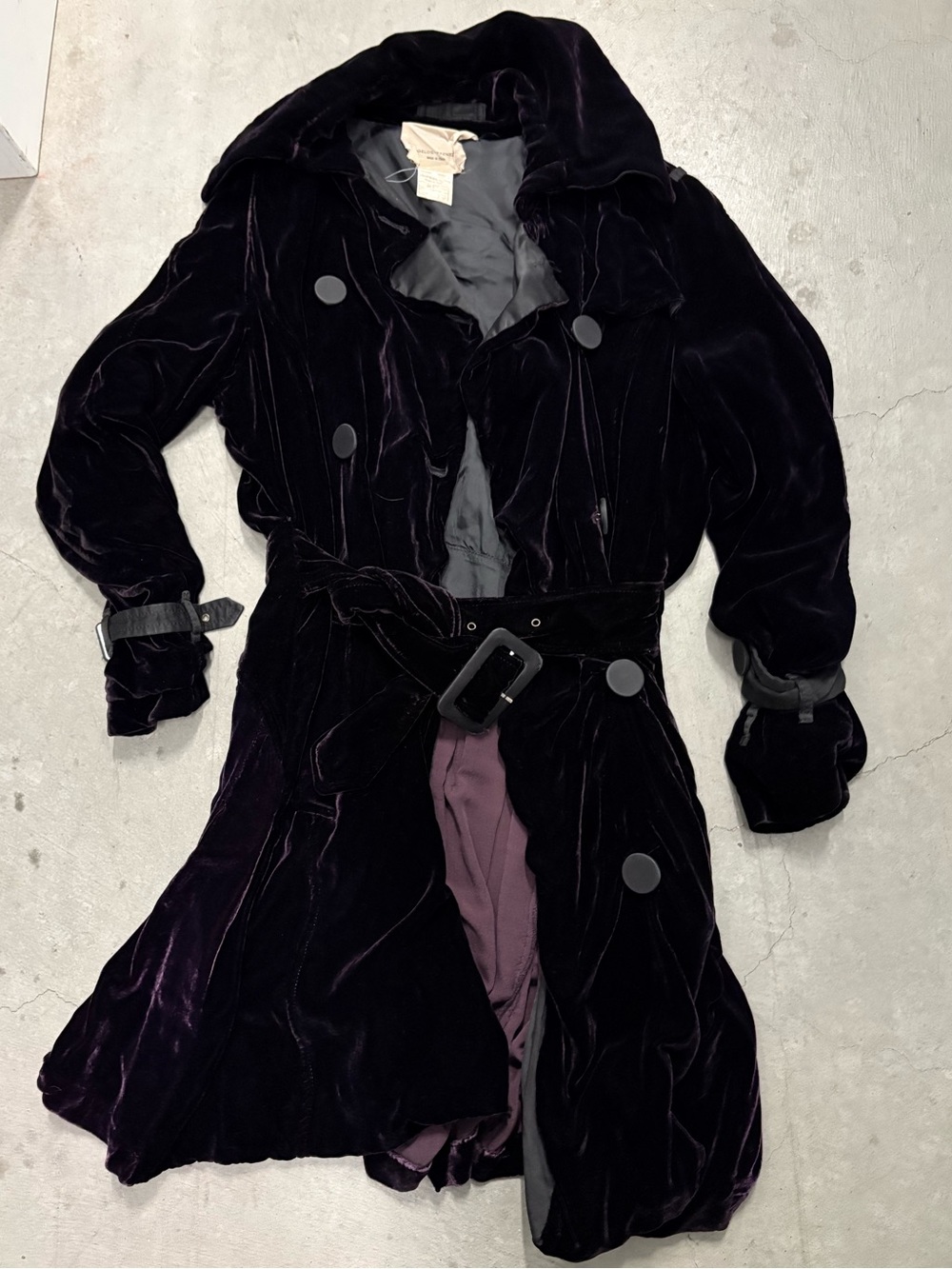 Angelos Frentzos Plum Velvet Belted Trench Coat Gothic Military Style